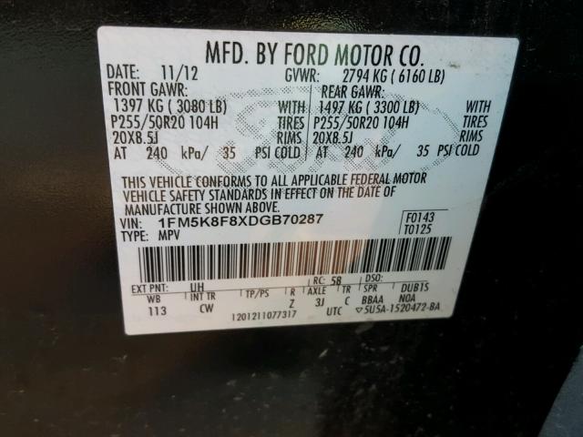 1FM5K8F8XDGB70287 - 2013 FORD EXPLORER L BLACK photo 10