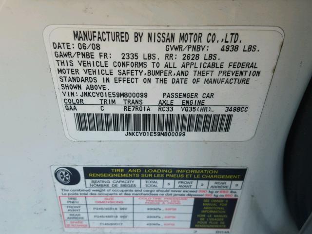 JNKCY01E59M800099 - 2009 INFINITI M35 BASE WHITE photo 10