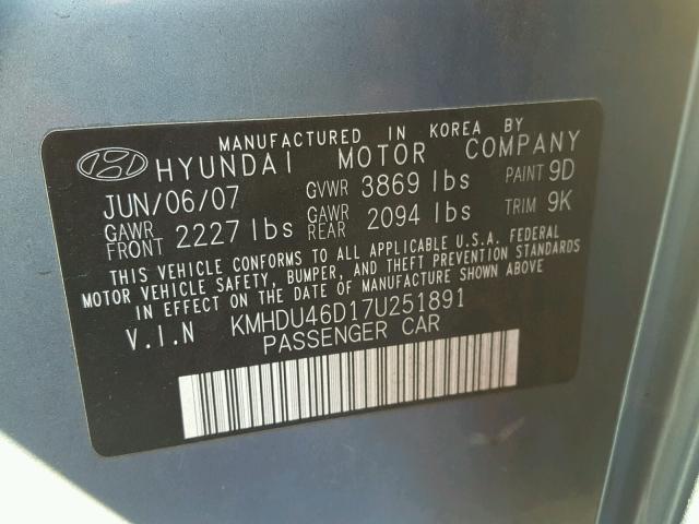 KMHDU46D17U251891 - 2007 HYUNDAI ELANTRA GL BLUE photo 10