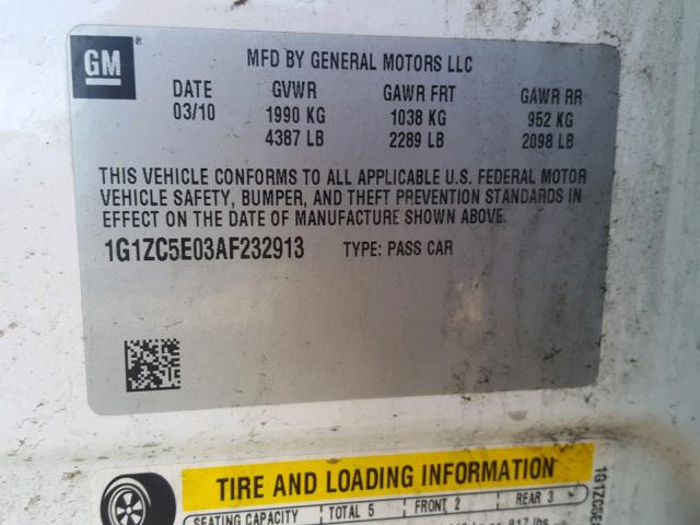 1G1ZC5E03AF232913 - 2010 CHEVROLET MALIBU 1LT WHITE photo 10