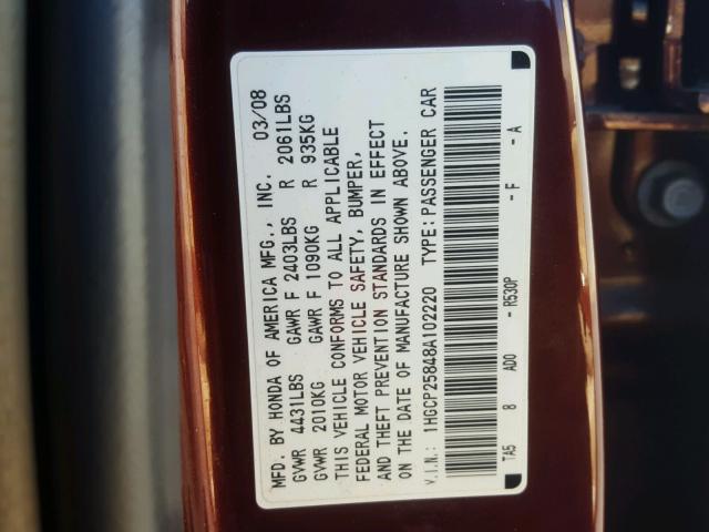 1HGCP25848A102220 - 2008 HONDA ACCORD EXL MAROON photo 10