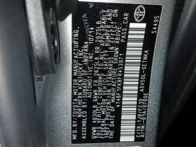 4T4BF1FK8FR453971 - 2015 TOYOTA CAMRY GRAY photo 10