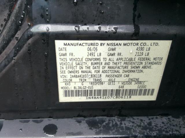 1N4BA41E07C806118 - 2007 NISSAN MAXIMA SE BLACK photo 10