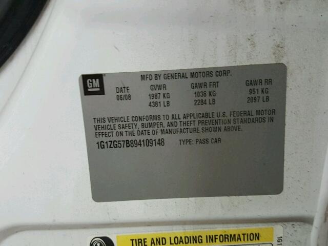 1G1ZG57B894109148 - 2009 CHEVROLET MALIBU LS თეთრი ფოტო 10