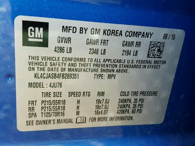 KL4CJASB4FB269351 - 2015 BUICK ENCORE BLUE photo 10