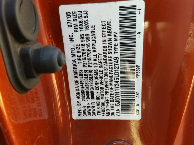 5J6YH17345L012749 - 2005 HONDA ELEMENT ORANGE photo 10