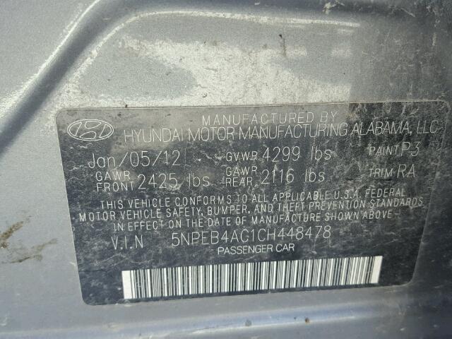 5NPEB4AC1CH448478 - 2012 HYUNDAI SONATA GLS GRAY photo 10