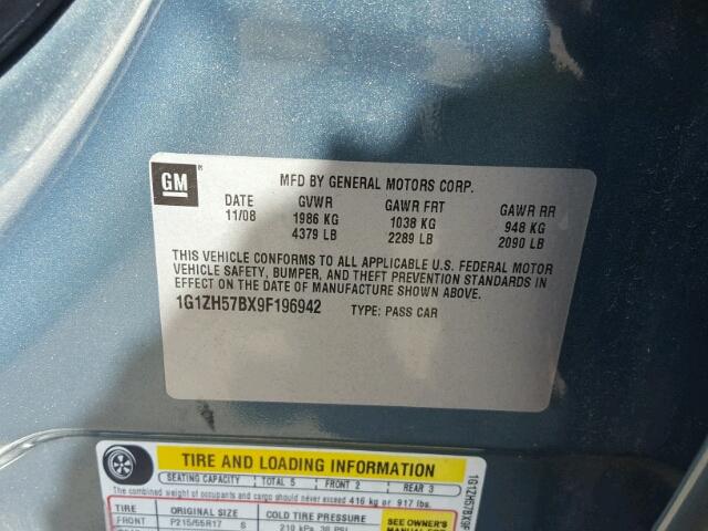 1G1ZH57BX9F196942 - 2009 CHEVROLET MALIBU 1LT BLUE photo 10