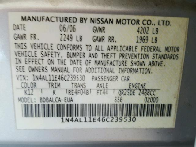 1N4AL11E46C239530 - 2006 NISSAN ALTIMA S SILVER photo 10