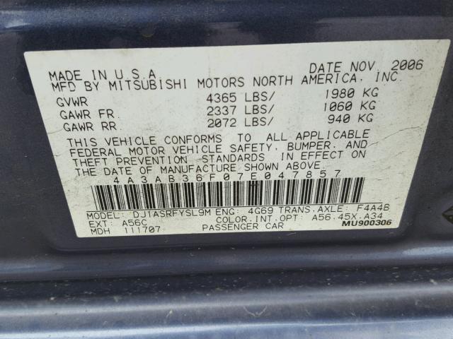 4A3AB36F07E047857 - 2007 MITSUBISHI GALANT ES BLUE photo 10