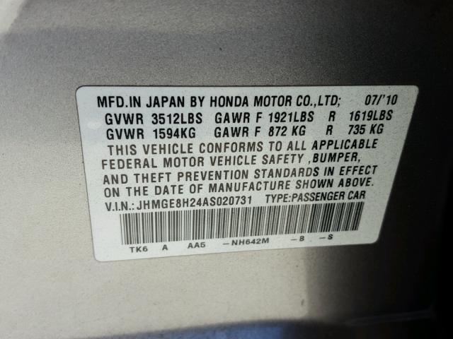 JHMGE8H24AS020731 - 2010 HONDA FIT GRAY photo 10