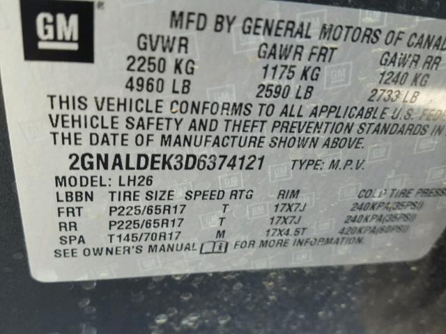 2GNALDEK3D6374121 - 2013 CHEVROLET EQUINOX LT GRAY photo 10