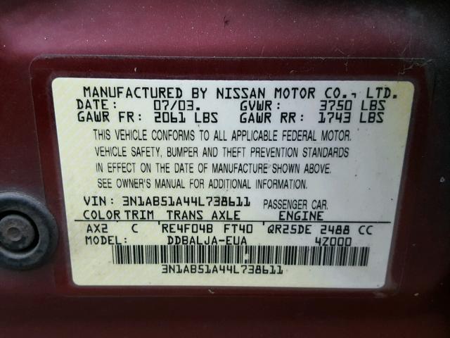 3N1AB51A44L738611 - 2004 NISSAN SENTRA 2.5 BURGUNDY photo 10