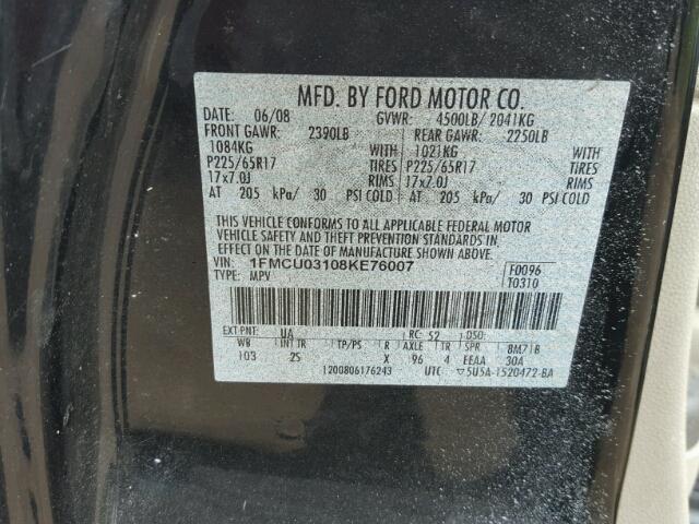 1FMCU03108KE76007 - 2008 FORD ESCAPE XLT BLACK photo 10