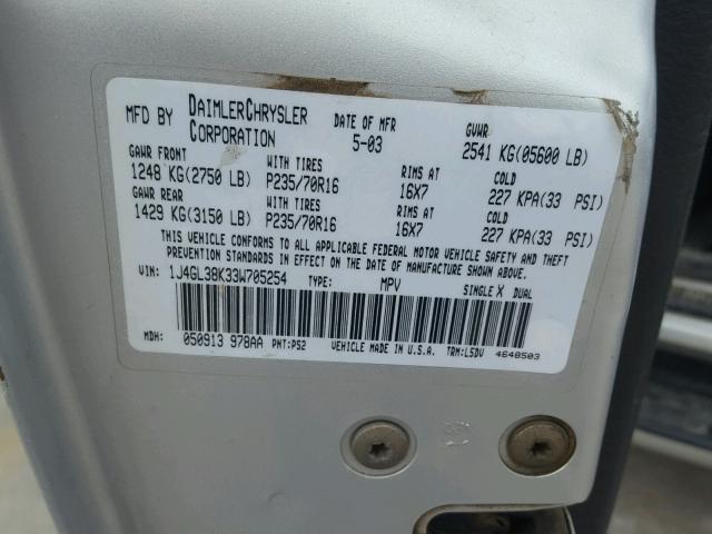 1J4GL38K33W705254 - 2003 JEEP LIBERTY RE SILVER photo 10