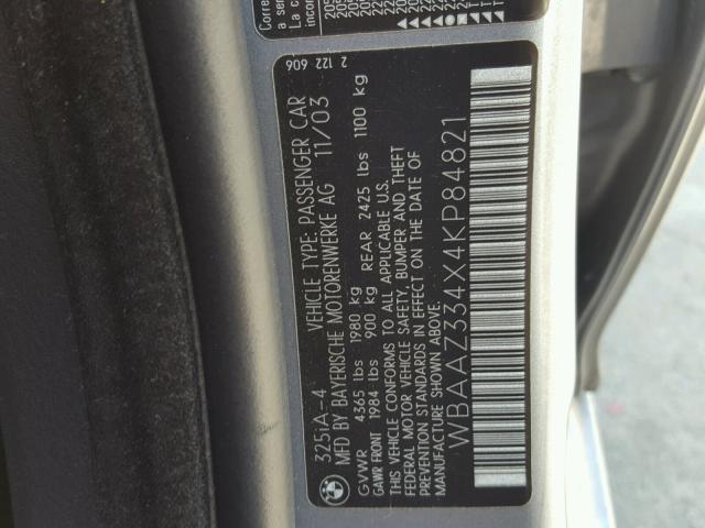 WBAAZ334X4KP84821 - 2004 BMW 325 IS SUL SILVER photo 10
