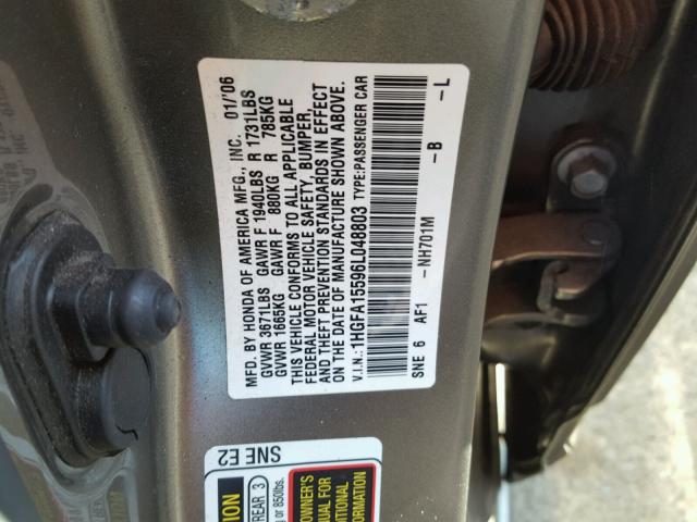 1HGFA15596L048803 - 2006 HONDA CIVIC GRAY photo 10