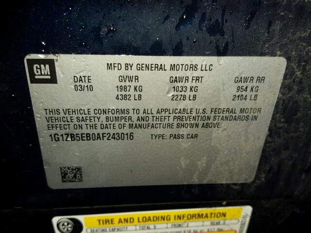 1G1ZB5EB0AF243016 - 2010 CHEVROLET MALIBU LS ლურჯი ფოტო 10