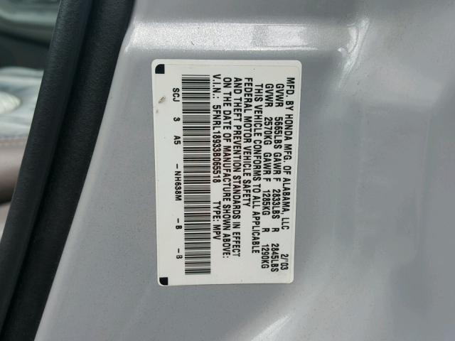 5FNRL18933B065518 - 2003 HONDA ODYSSEY SILVER photo 10