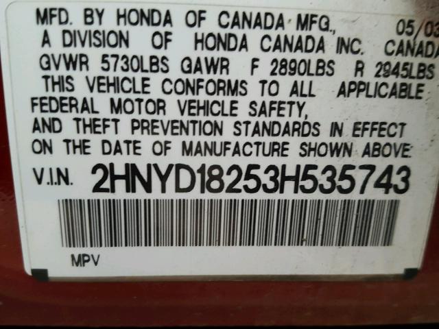 2HNYD18253H535743 - 2003 ACURA MDX MAROON photo 10