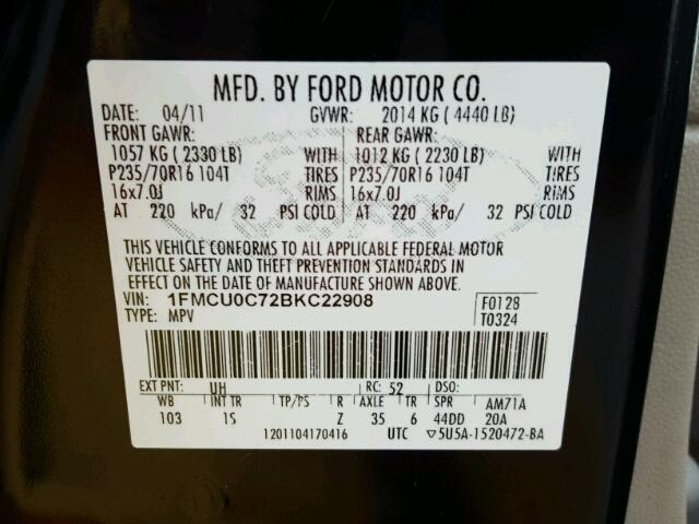 1FMCU0C72BKC22908 - 2011 FORD ESCAPE BLACK photo 10