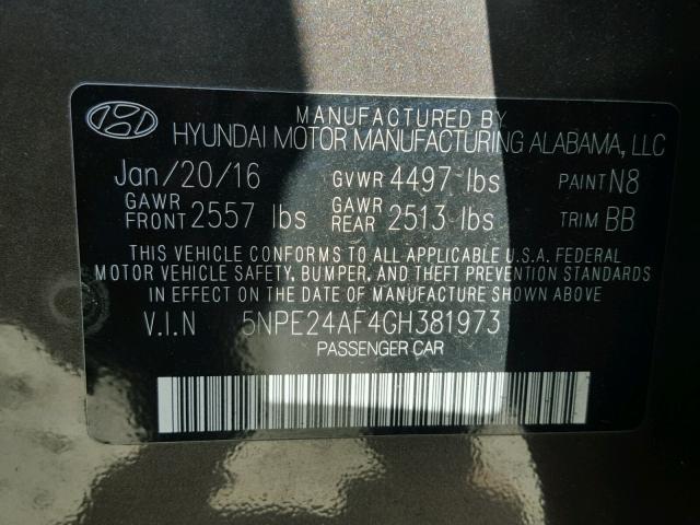 5NPE24AF4GH381973 - 2016 HYUNDAI SONATA SE GRAY photo 10