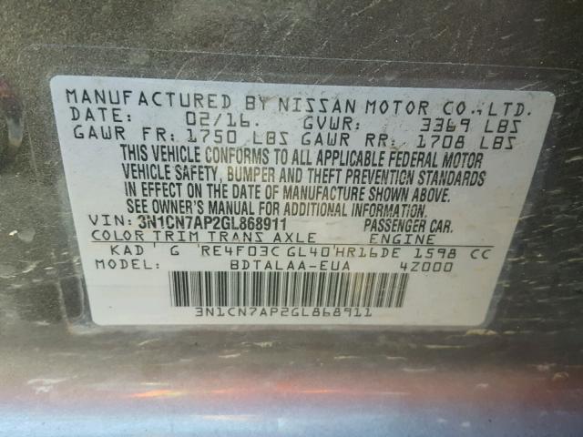 3N1CN7AP2GL868911 - 2016 NISSAN VERSA S GRAY photo 10