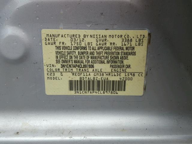 3N1CN7AP4CL897806 - 2012 NISSAN VERSA S 银色 照片 10