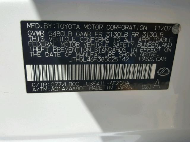 JTHGL46F385025142 - 2008 LEXUS LS 460L WHITE photo 10