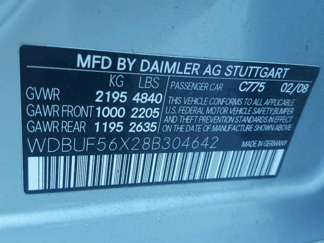 WDBUF56X28B304642 - 2008 MERCEDES-BENZ E 350 GRAY photo 10