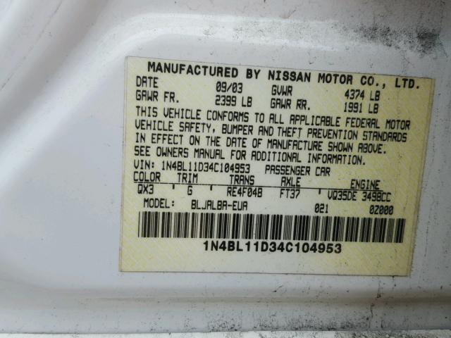 1N4BL11D34C104953 - 2004 NISSAN ALTIMA SE WHITE photo 10