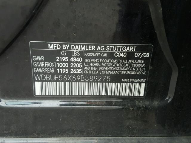 WDBUF56X69B389275 - 2009 MERCEDES-BENZ E 350 BLACK photo 10