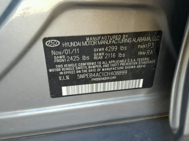 5NPEB4AC1CH408899 - 2012 HYUNDAI SONATA GLS GRAY photo 10