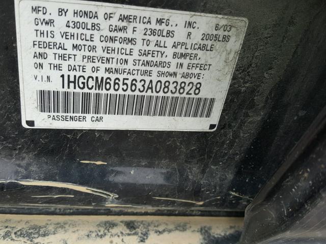 1HGCM66563A083828 - 2003 HONDA ACCORD BLACK photo 10