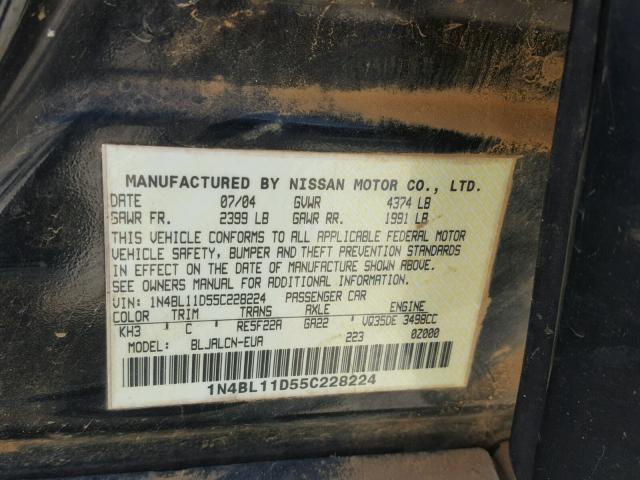 1N4BL11D55C228224 - 2005 NISSAN ALTIMA BLACK photo 10