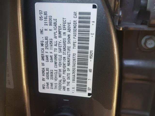 19UUA76507A039770 - 2007 ACURA TL TYPE S GRAY photo 10