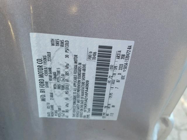 1FTKR1AD1APA40909 - 2010 FORD RANGER SILVER photo 10