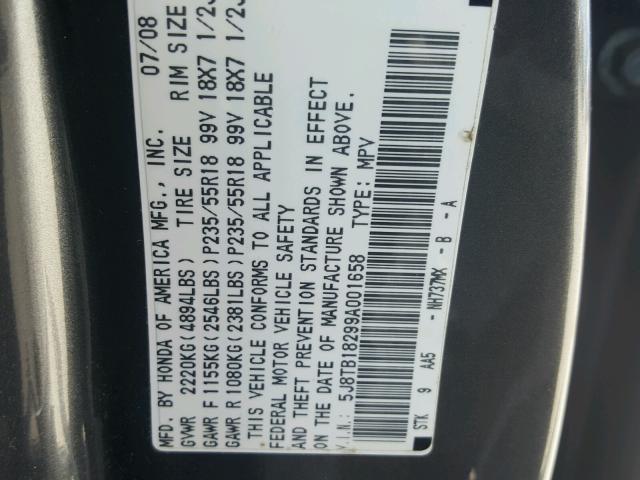 5J8TB18299A001658 - 2009 ACURA RDX GRAY photo 10