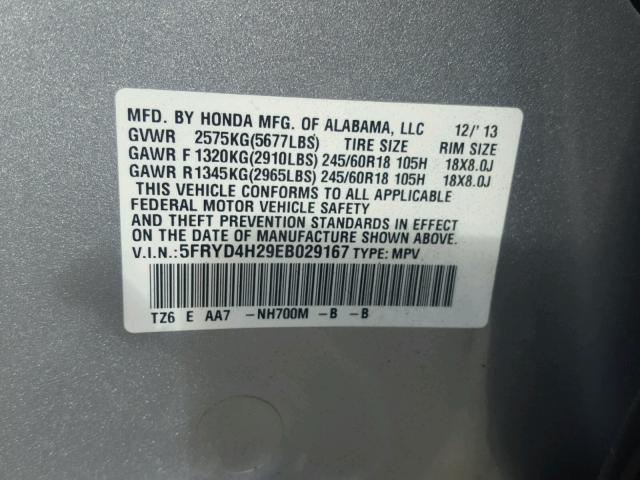 5FRYD4H29EB029167 - 2014 ACURA MDX SILVER photo 10