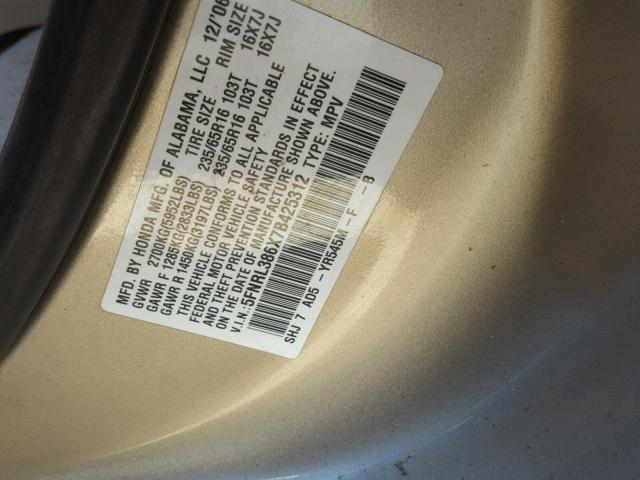 5FNRL386X7B425312 - 2007 HONDA ODYSSEY EX GOLD photo 10