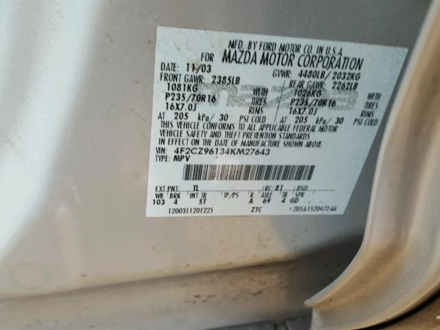 4F2CZ96134KM27643 - 2004 MAZDA TRIBUTE ES 灰色 照片 10