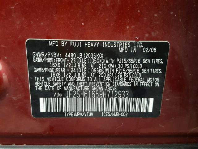 JF2SH61659H712933 - 2009 SUBARU FORESTER 2 RED photo 10