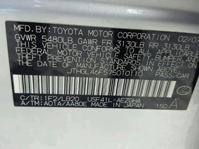 JTHGL46F575010110 - 2007 LEXUS LS 460L SILVER photo 10