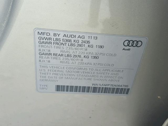 WA1LFAFP7EA064795 - 2014 AUDI Q5 PREMIUM GRAY photo 10