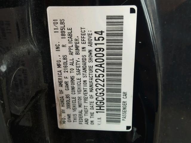 1HGCG32252A009154 - 2002 HONDA ACCORD SE BLACK photo 10