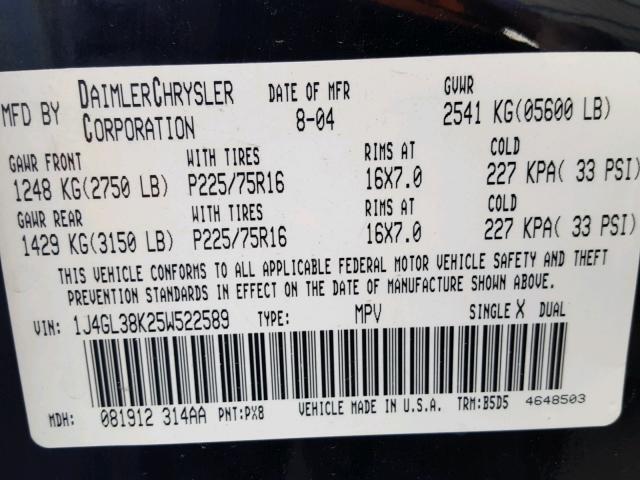 1J4GL38K25W522589 - 2005 JEEP LIBERTY RE BLACK photo 10