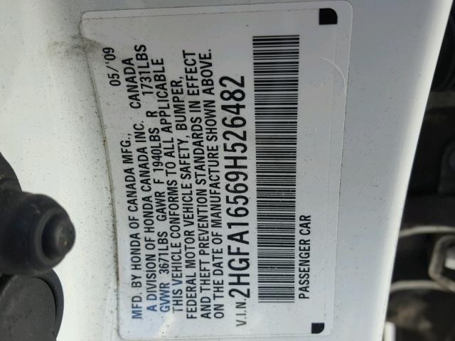 2HGFA16569H526482 - 2009 HONDA CIVIC WHITE photo 10