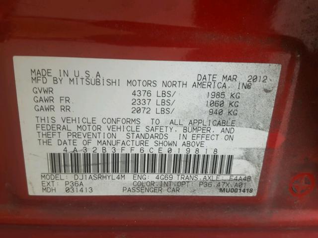 4A32B3FF6CE019818 - 2012 MITSUBISHI GALANT ES RED photo 10