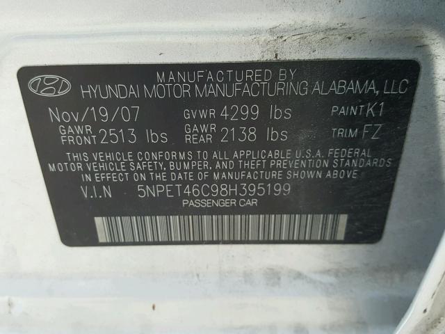 5NPET46C98H395199 - 2008 HYUNDAI SONATA GRAY photo 10