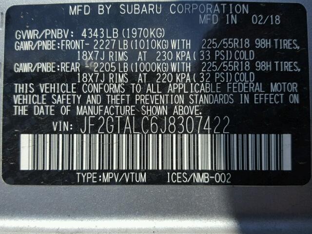 JF2GTALC6J8307422 - 2018 SUBARU CROSSTREK SILVER photo 10